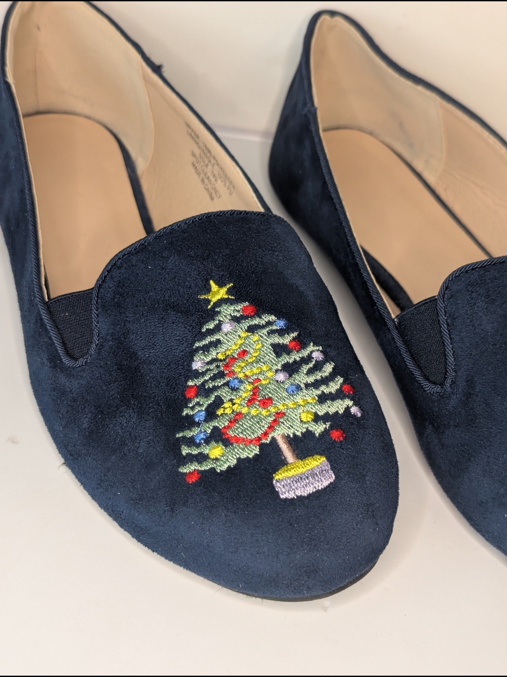 Navy Suede Women’s Holiday Loafers with Embroidered Christmas Tree